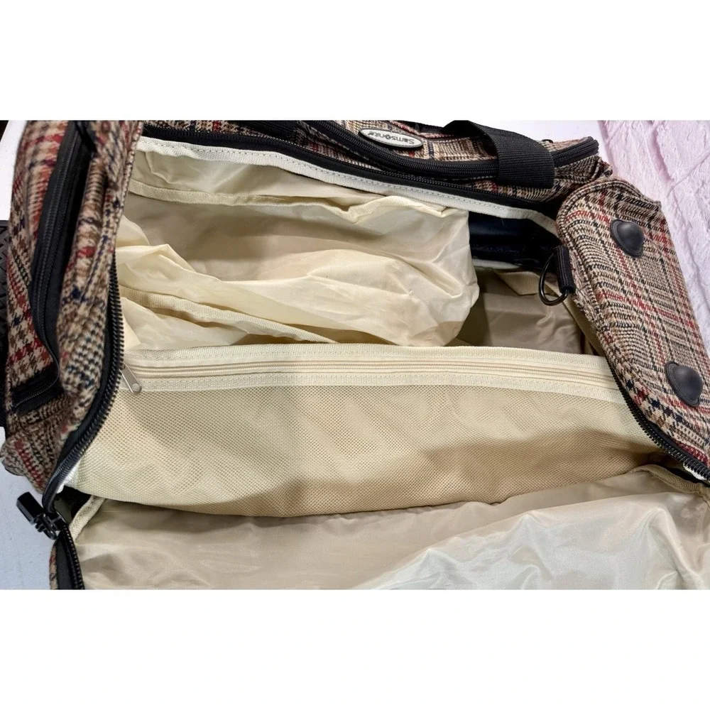 Vintage Samsonite Rolling Duffel Bag Carry On Woven Plaid Herringbone Wheels 24